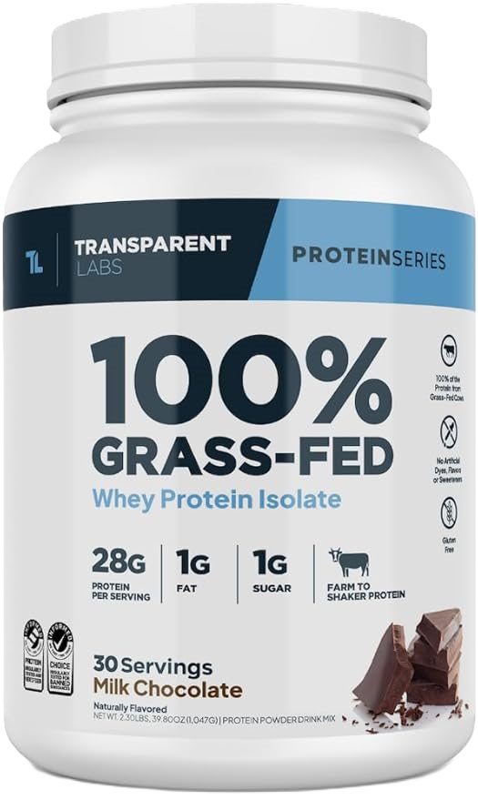 Transparent Labs whey protein powder tub on kitchen counter